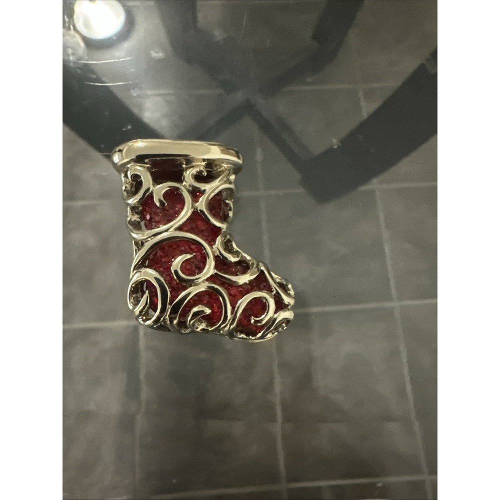 Vintage Christmas Stocking Brooch‎ Sparkling Red With Gold Scroll Overlay Heavy